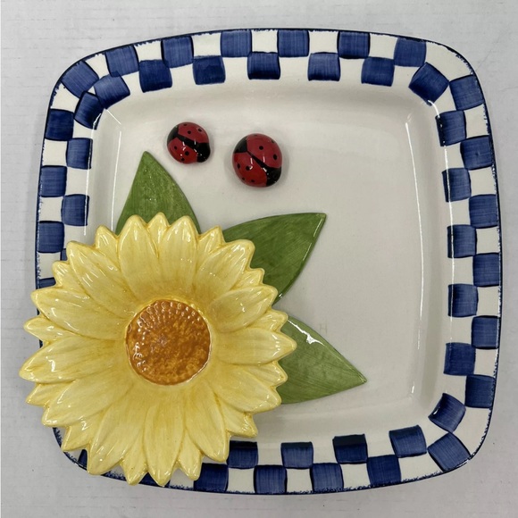 Cali Other - Cali 3D Yellow Sunflower Ladybug Blue White Chip Dip Serving Art Pottery  Signed